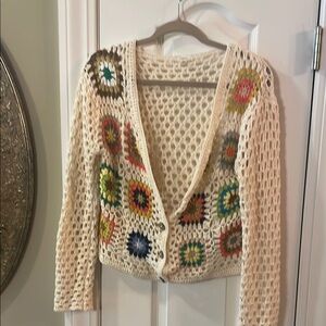 Debut Cream Cardigan with Crochet Floral Accents